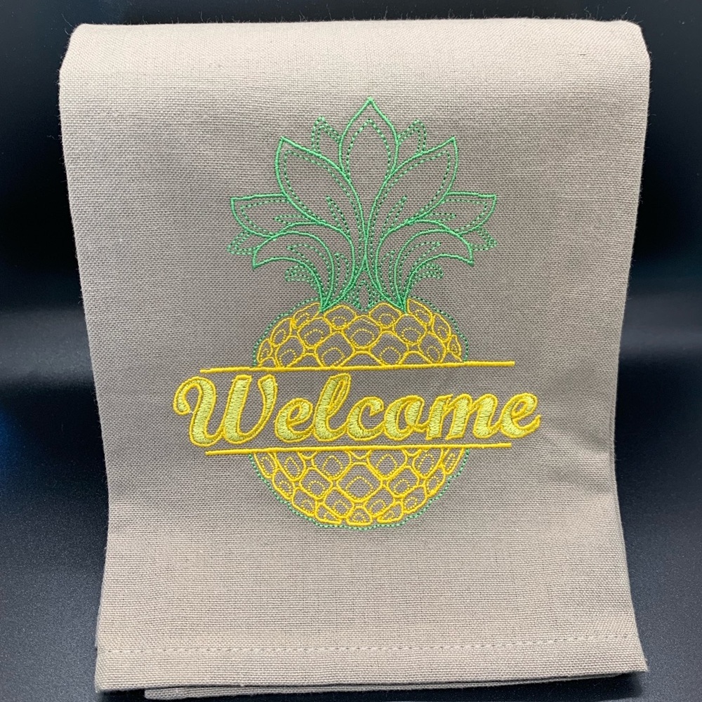 Welcome Pineapple on Taupe Kitchen Tea Towel